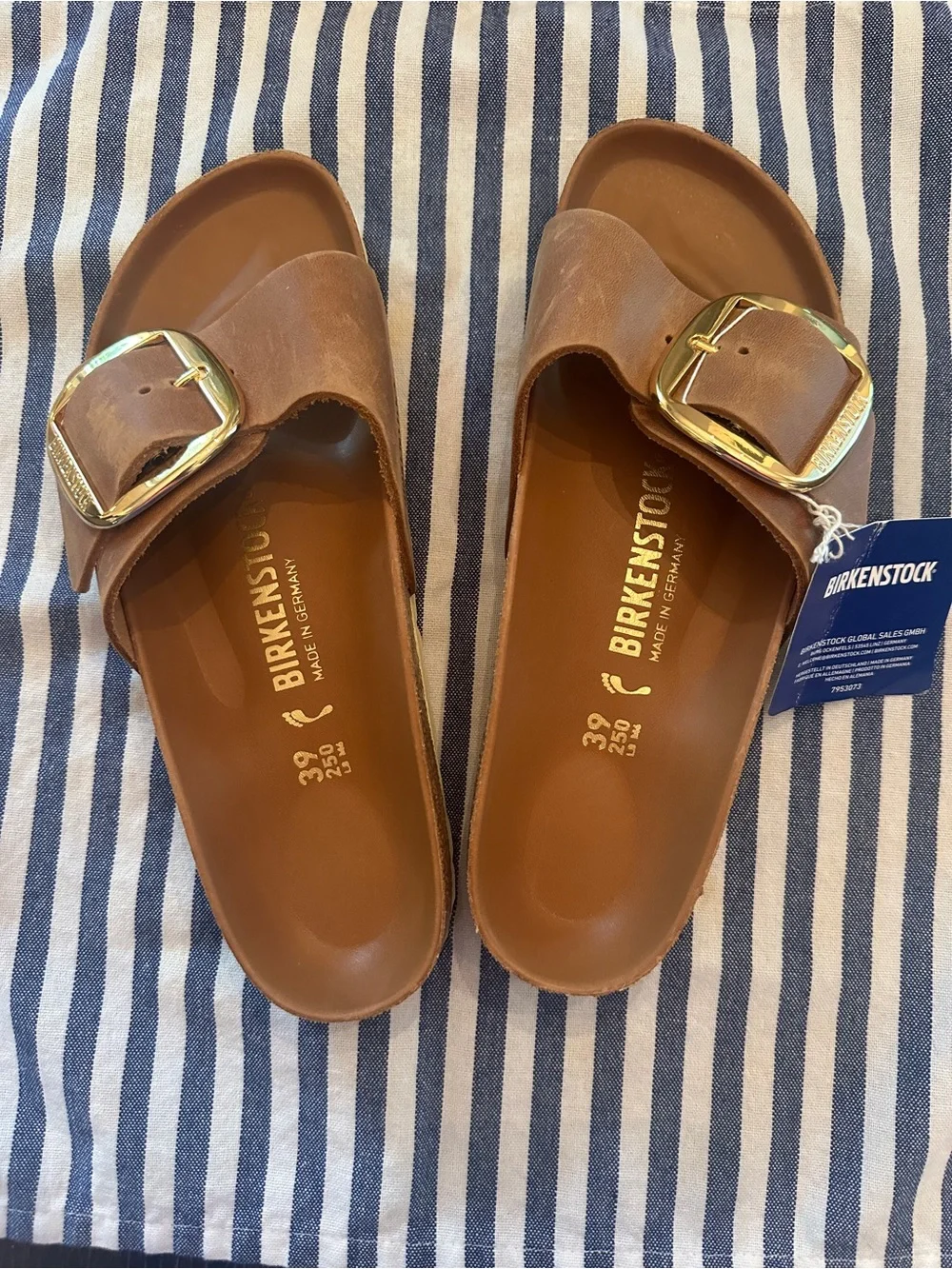 Birkenstock Madrid Big Buckle  Single-Band Slide in Cognac Brown with Gold Logo